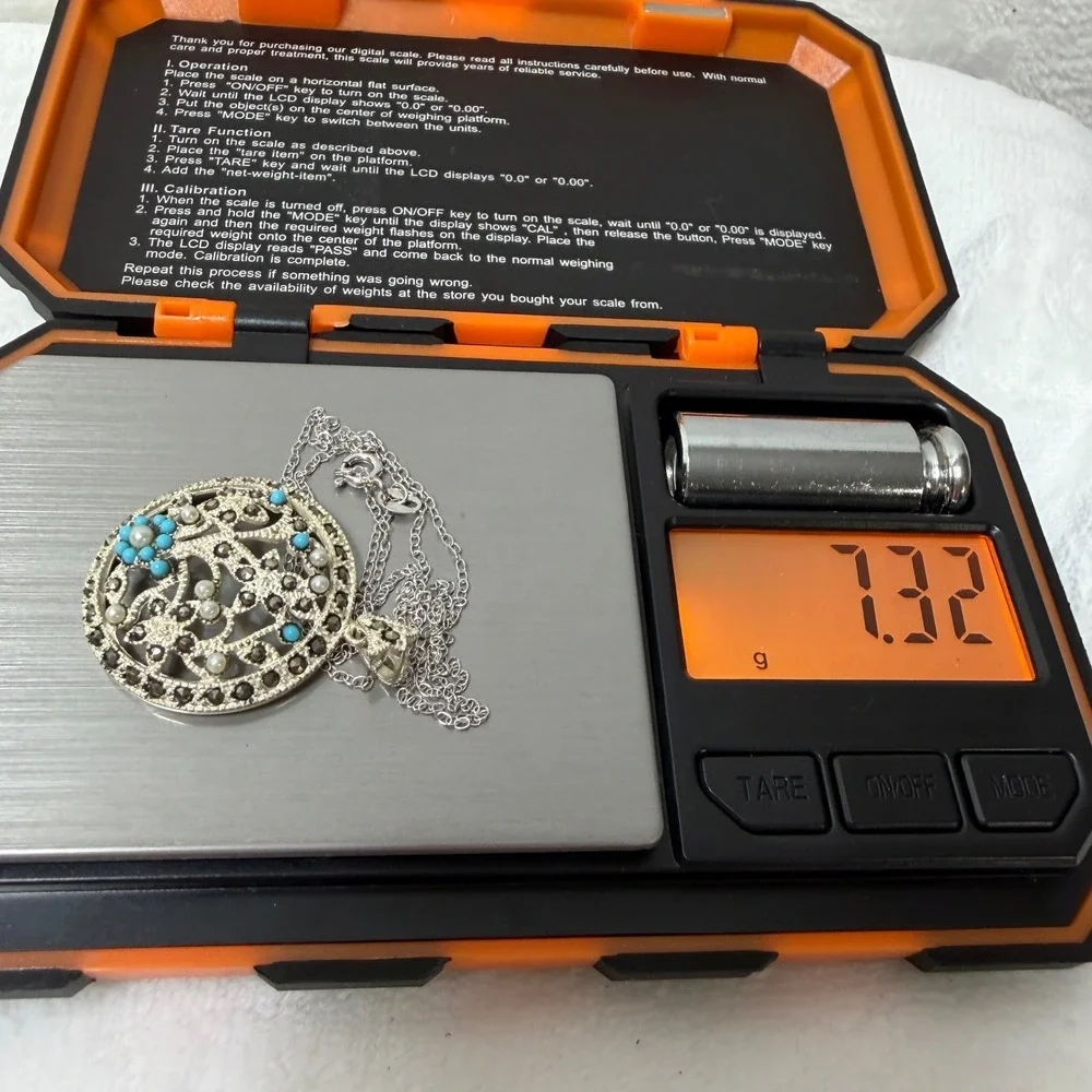Sterling Silver Marcasite Turquoise Pearl‎ Floral Medallion Pendant Necklace